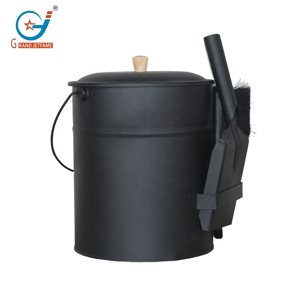 High Quality Reusable Metal Black Fireplace Tools Wooden Handle Ash Coal Bucket With Lid Shovel