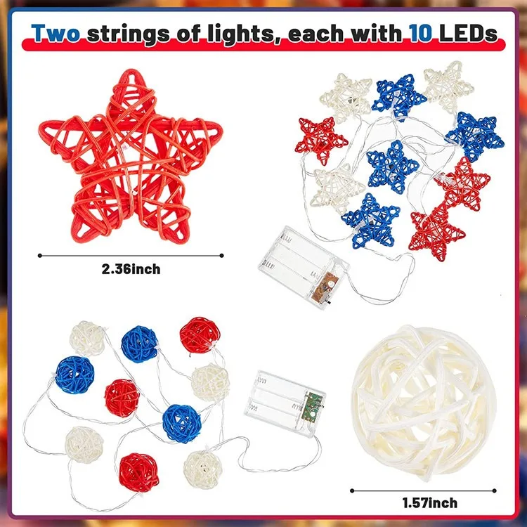 rattan wire Star String Light Independence Day Decoration Waterproof Battery Red White Blue holiday lighting decor