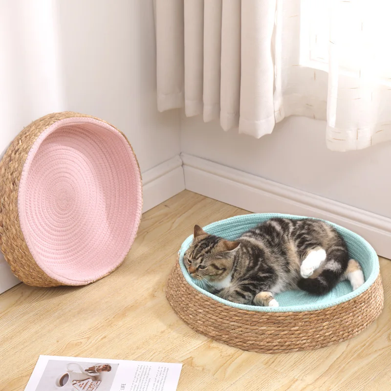 
Wholesale High Quality Chew Proof Durable Flat Willows Weave Round Cat Dog Wicker Bed Rattan Cat Bed 