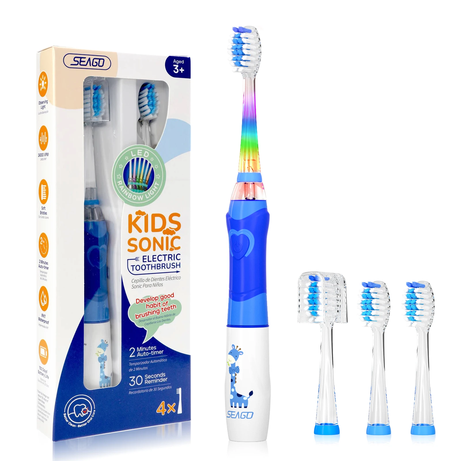 Seago SG-977Kids Electric Toothbrush  with 2 Minute Smart Timer and IPX7 Waterproof Design blue for Children