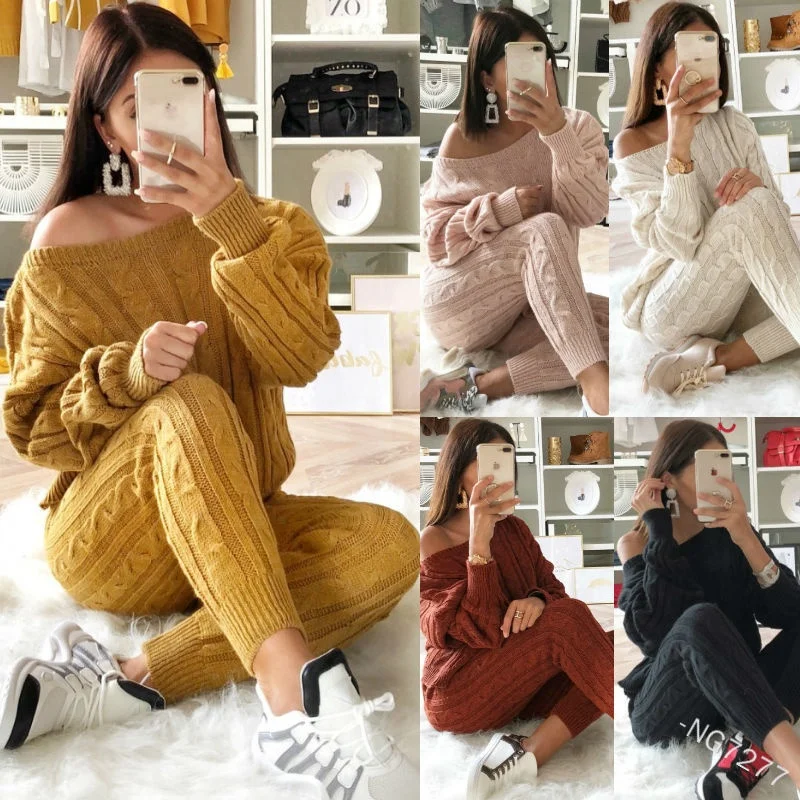2021 fall autumn winter fashion Multi-color Sweater suit knit sweater sets women