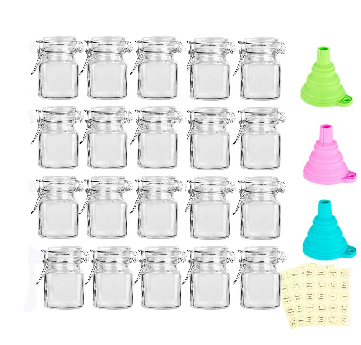 3.5 oz Small Glass Spice Jars with Rubber Gasket and Airtight Hinged Lid Spice Labels Silicone Funnels for Spice Herb Seasoning