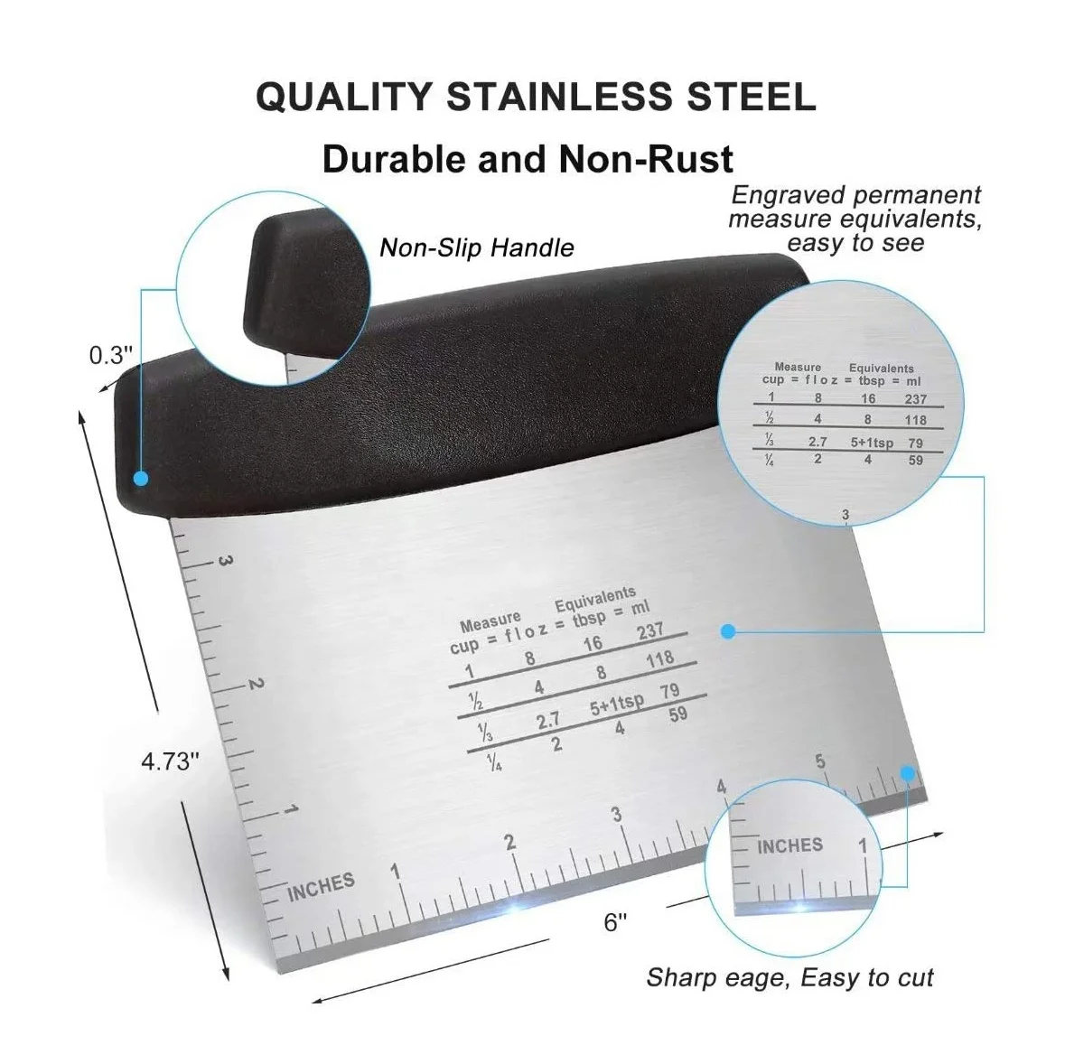 Amazon Hot Sale Stainless Steel Bench Scraper with Measuring Scale