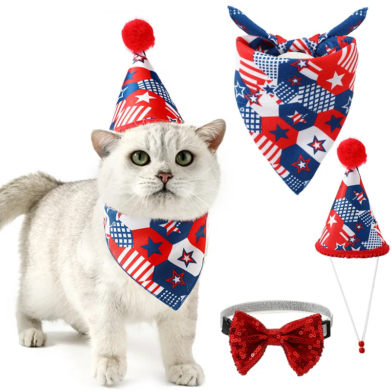 New American Flag Three-Piece Pet Apparel Accessories Cat Dog Triangle Towel Sequin Bow Tie Cat Hat Dress-Up Set