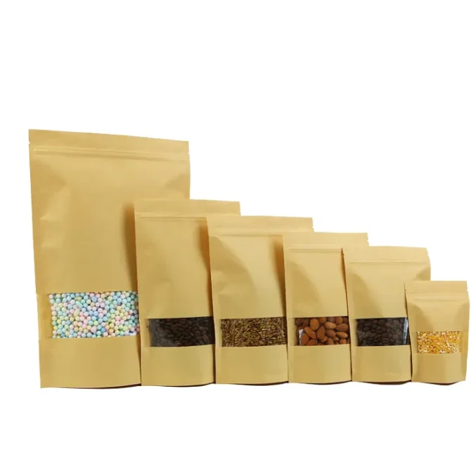 Brown Standing Up Pouches Food Packaging Kraft Craft PaperZipper Bags With Window