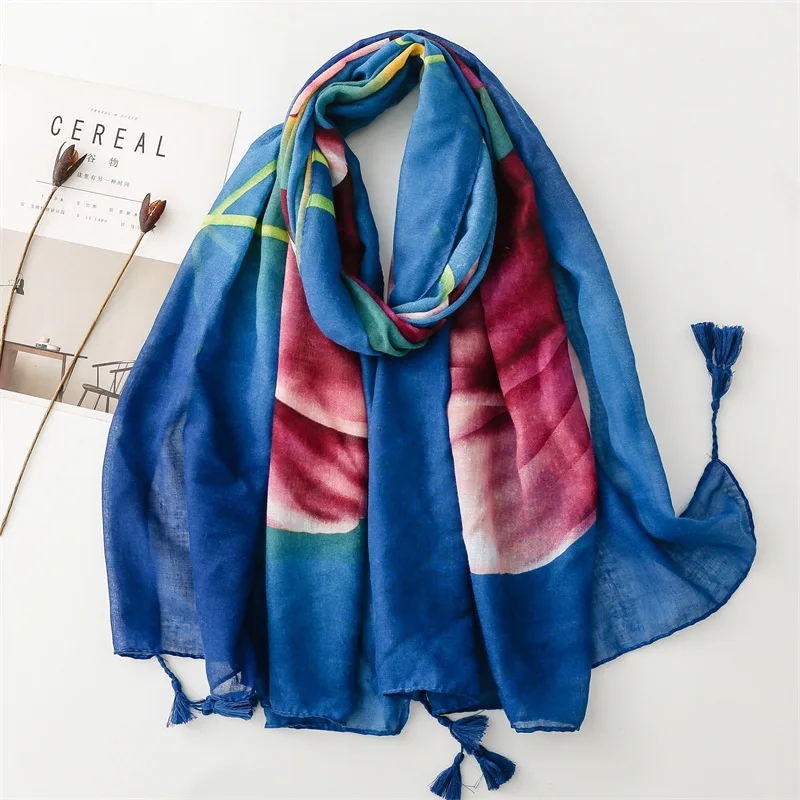 New Elegant Ink Flower Print Cotton Feeling Scarves Beach Shawls For Women 180*90CM Cotton Voile Scarf Muslim Hijabs With Tassel