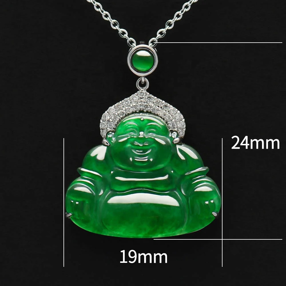 Graceful High Quality  Natural Jadeite Jade 18K White Gold Imperial Green Color Icy Jadeite Buddha Pendant Charms