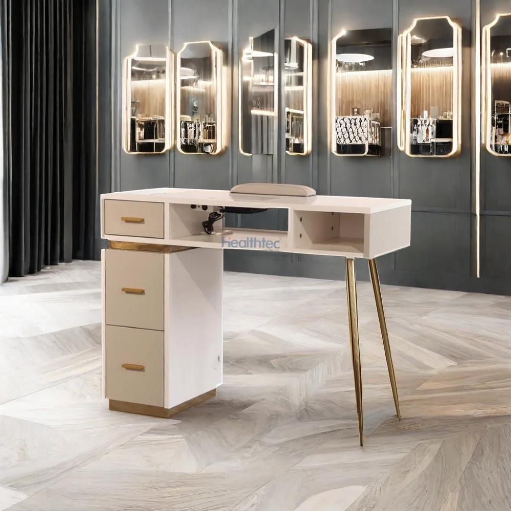 Cheap nail station white rectangle marble top golden legs nail manicure nail table for beauty shop