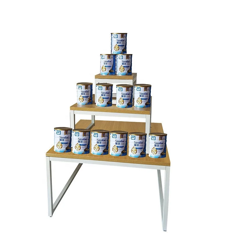 Custom Supermarket Promotion Product Milk Drink Beverage Wine Bottle Snack Food Ladder Metal Wood Display Rack Stand Shelf
