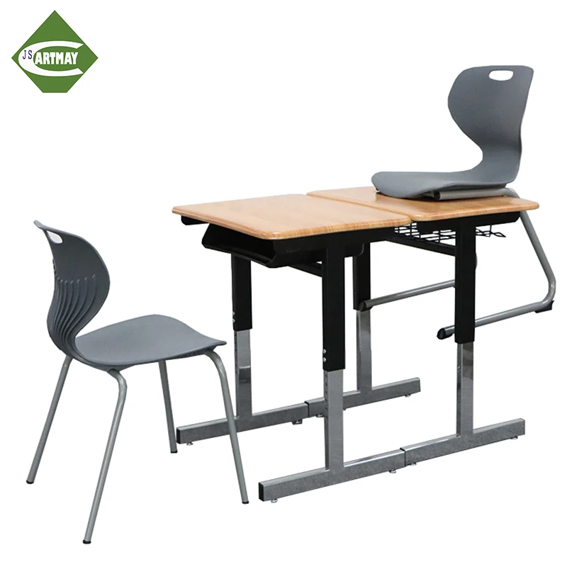 Primary And Kindergarten School Interior Furniture Plastic Ergonomic Double Stackable Desks And Chairs Sets with Adjustable Legs