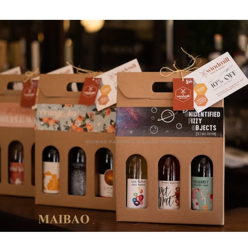 Custom Luxury Champagne Wine Kraft Bag Two Bottles Window Brown Kraft Paper Black Bag With Ribbon Satin Bow Tie Die Cut Handle