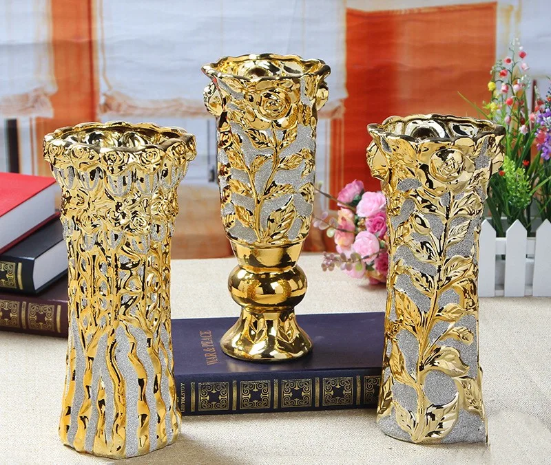 chaozhou luxury ceramic vase with metal gold flower embossed rustic flower vase for home weeding table decor