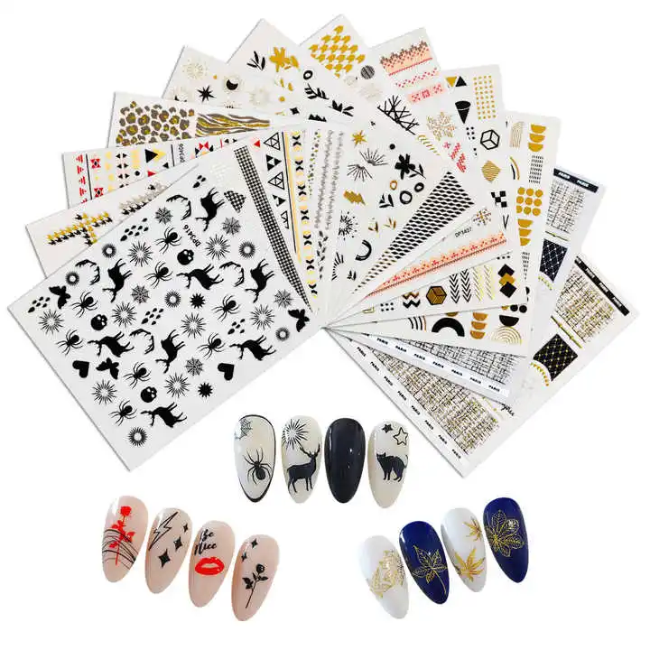 New Design Gold Nail Art Sticker Maple Leaf Autumn And Winter Leopard Print Scallion Powder Nail Decoration Sticker & Decals