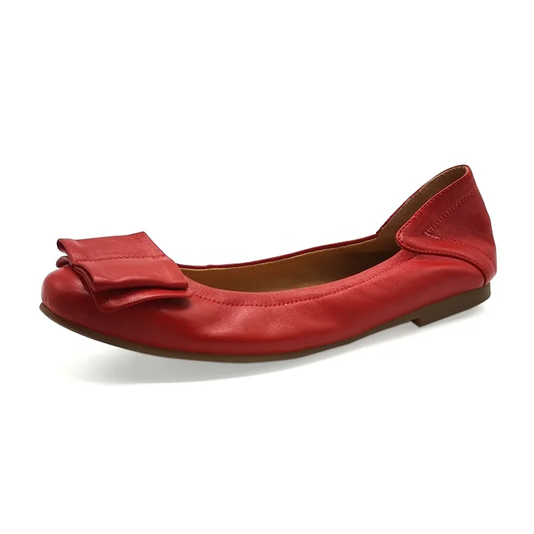 Wholesale guangzhou ladies soft comfort red leather flat shoes with thick sponge