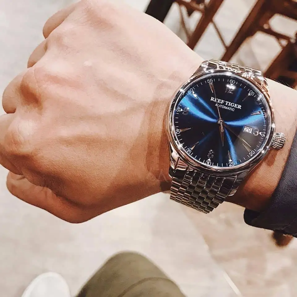 Reef Tiger Auto Date Mens Watch Top Luxury Analog Automatic Watches White Dial Simple Style Watch New RGA823G