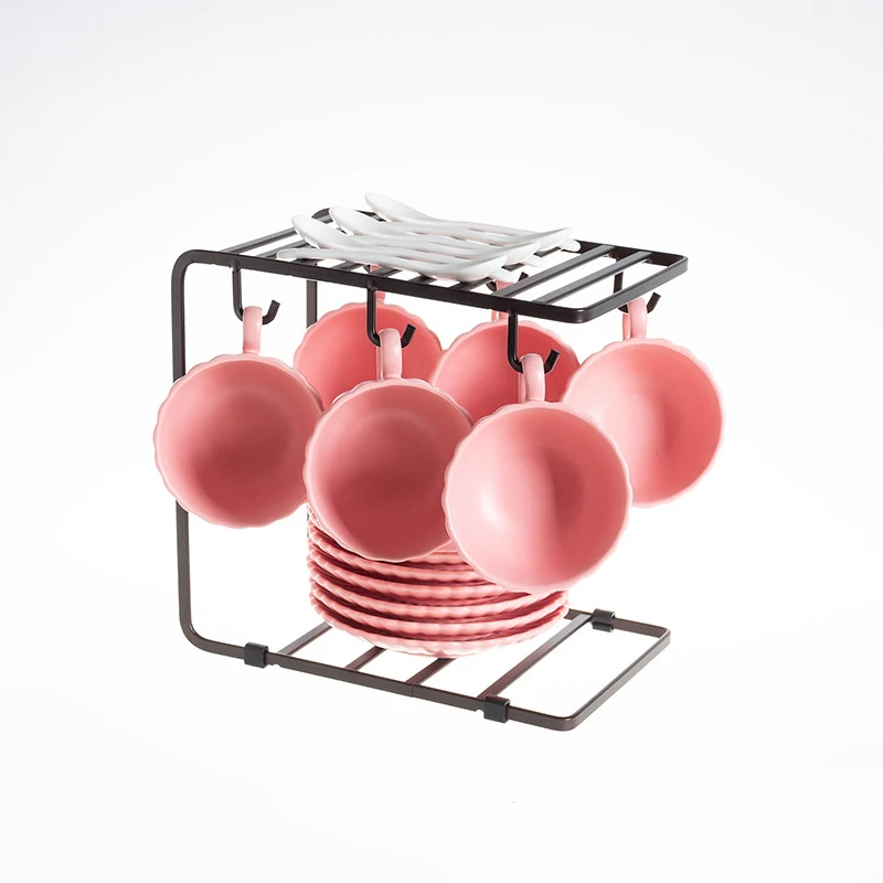 High Quality Microwave Safe Glazed Handmade Stripe Design Porcelain Cup And Saucer With Metal Stand