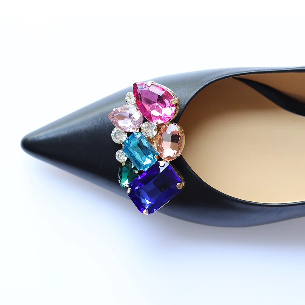 Bling bling multi color glass rhinestones metal buckles shoe decorations removable shoe clip hardware for bridal