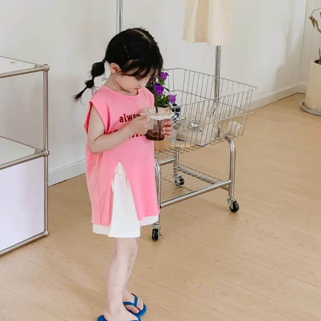 KS0998 Words print fashion toddler and kids girls summer sleeveless top 2022 cotton long slit t shirt