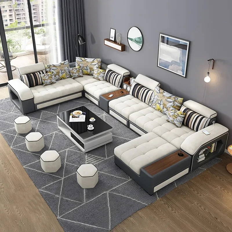 Modern Design Waterproof Fabric Wooden Classic Blue Floor Hotel 7 Seater Sectional Sofa Set Furniture Couch Living Room Sofas