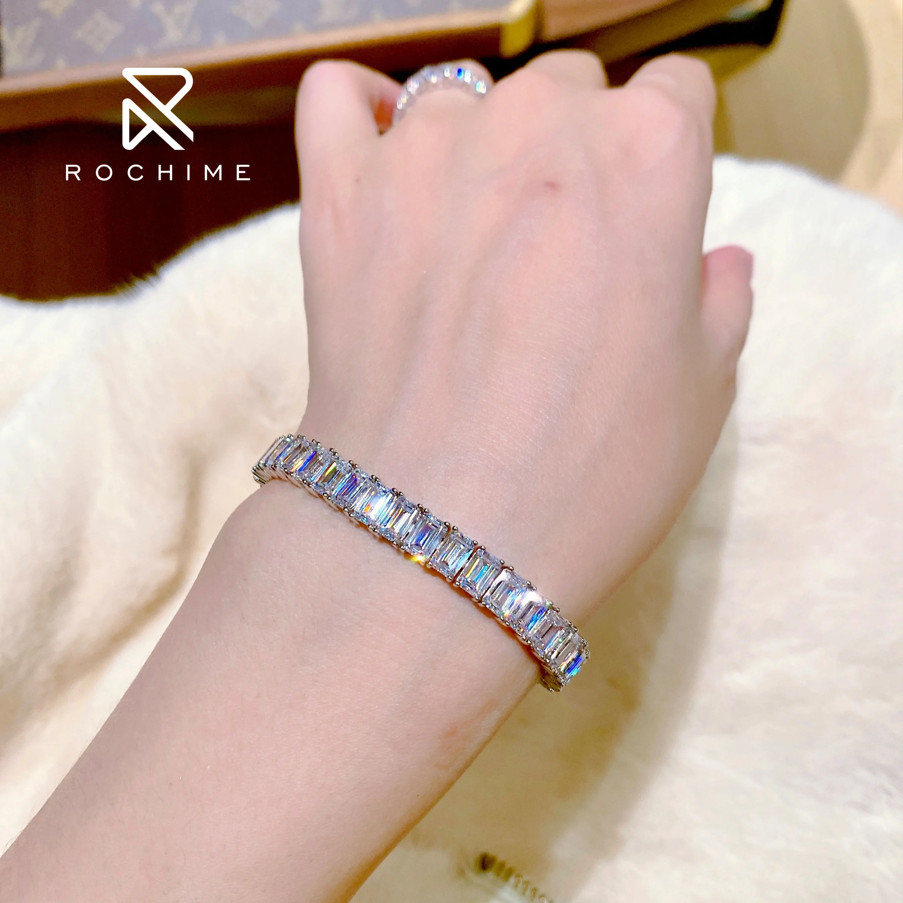 Rochime classic emerald cut lab grow diamond bracelet 925 sterling silver gold plated luxury 5a zircon jewelry for women