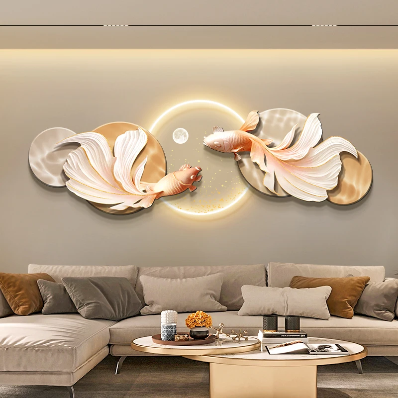 Modern simple style Living room decoration with Led lotus and lucky koi fish crystal porcelain surface wall decor