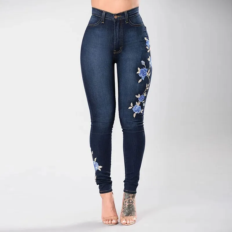 Women Stretch Embroidered Jeans Elastic Blue Flower Pants Female Pencil Denim Pants Rose Pattern Denim Jeans