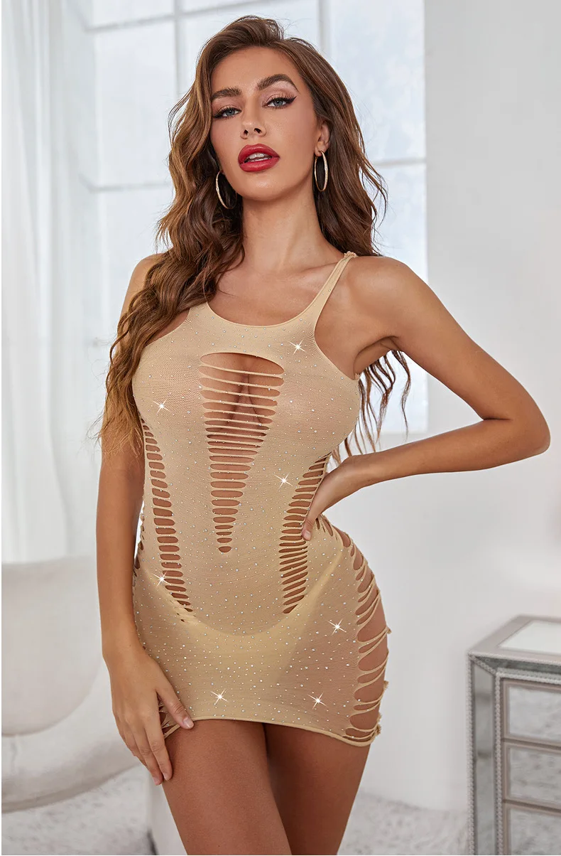Sexy New Girl Nude color Rhinestone Dress Bodycon Crystal Diamonds Bodystocking Lingerie