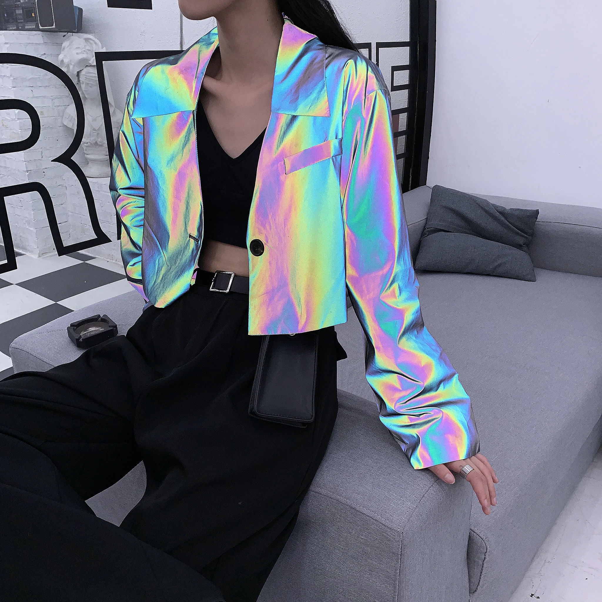 Wholesale Jacketss New Fashion women clothing Rainbow Women Crop Top Holographic Reflective Jacket