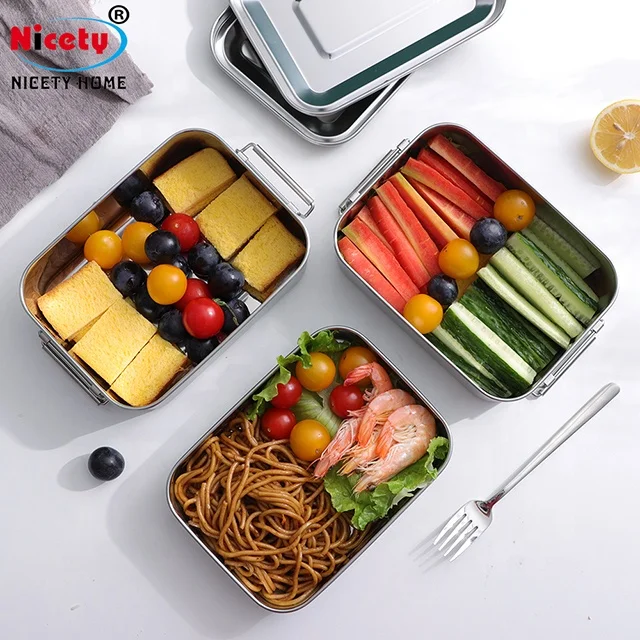 Eco-friendly 2 layer bento lunchbox stainless steel  bread box with clips reusable plastic-free