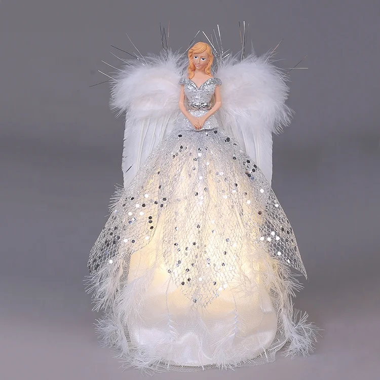 SOTE Acrylic Custom Design Silver Angel Tree Topper With LED Light 30CM Lighted Up Elegant Fairy Christmas Angel Figurines
