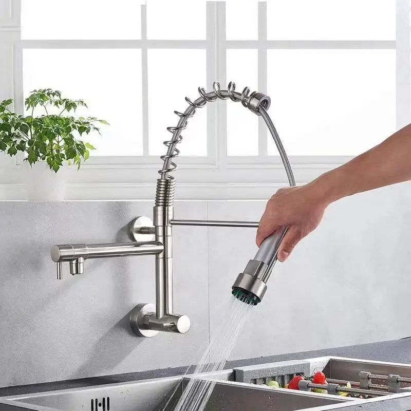 Chrome Kitchen Wall Mount Faucet Single Cold Water Free Rotation Pull Down Dual Spout Control waterfall wall faucet