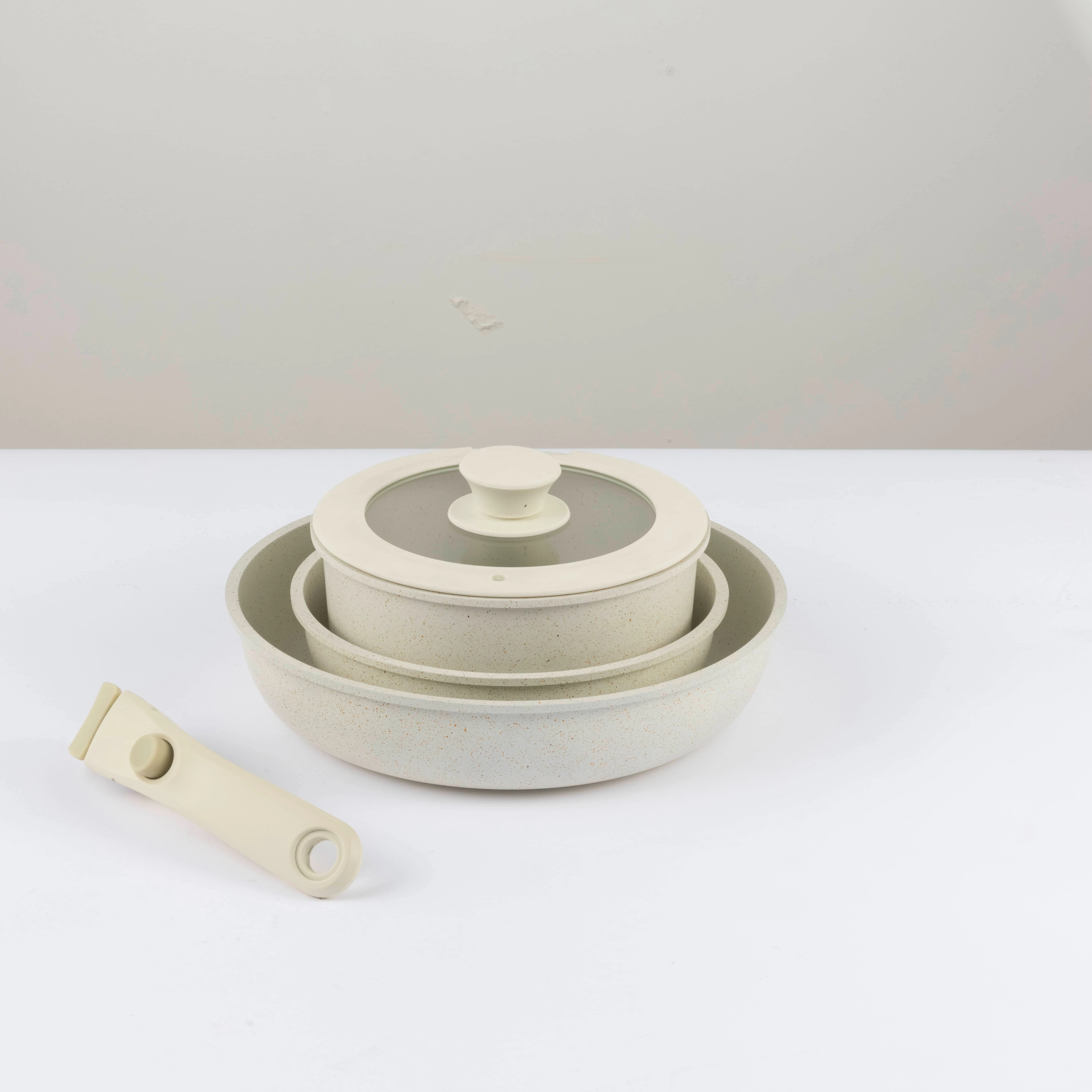 Space Saving Nonstick Coating cast aluminum 3 in 1 Detachable Handle Cooking Pots Carote cookware set