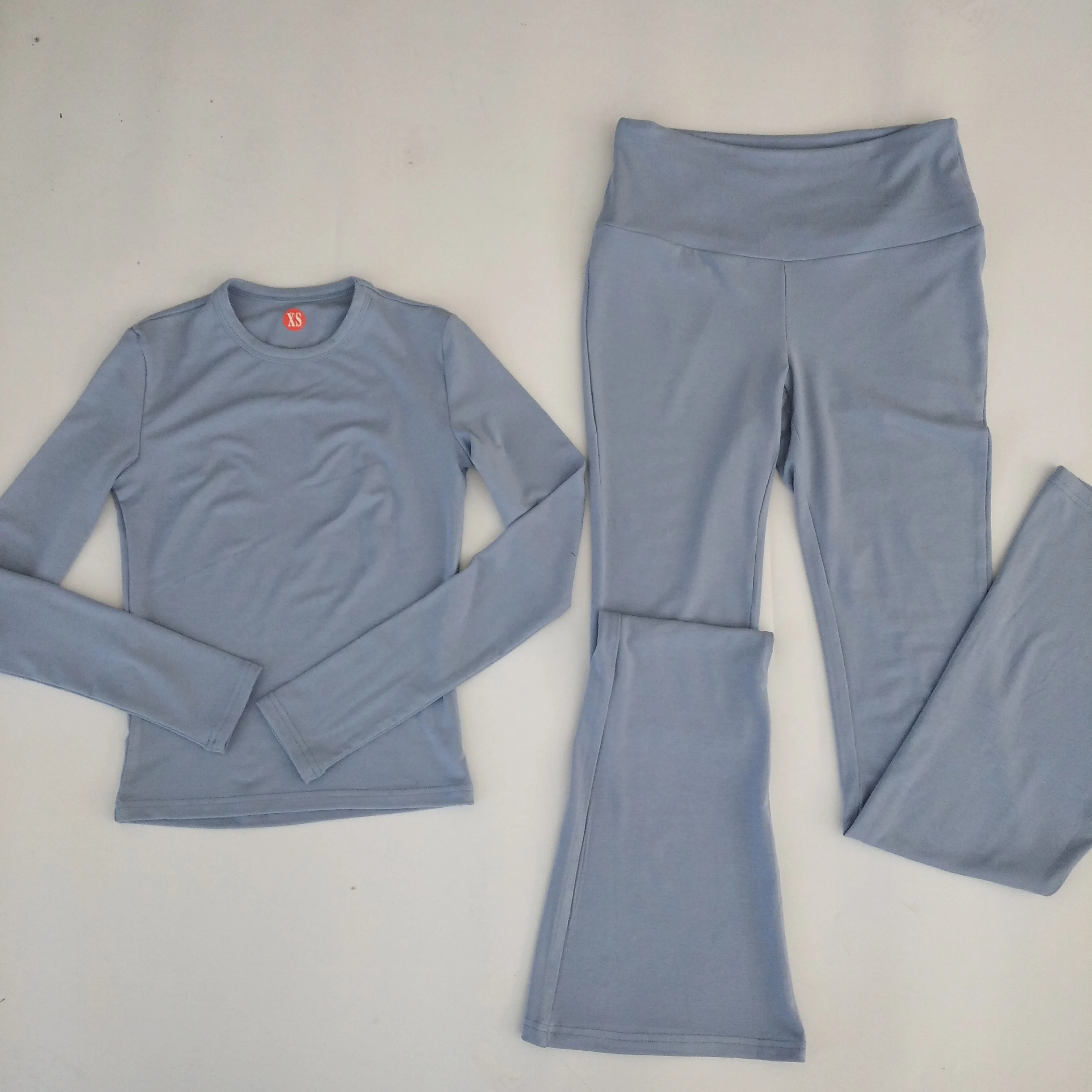 2024 Fold Over Flared Leggings Set Custom LOGO Women Sets High Quality Cotton Shirts Clothing Women Two Pieces Loungewear Sets