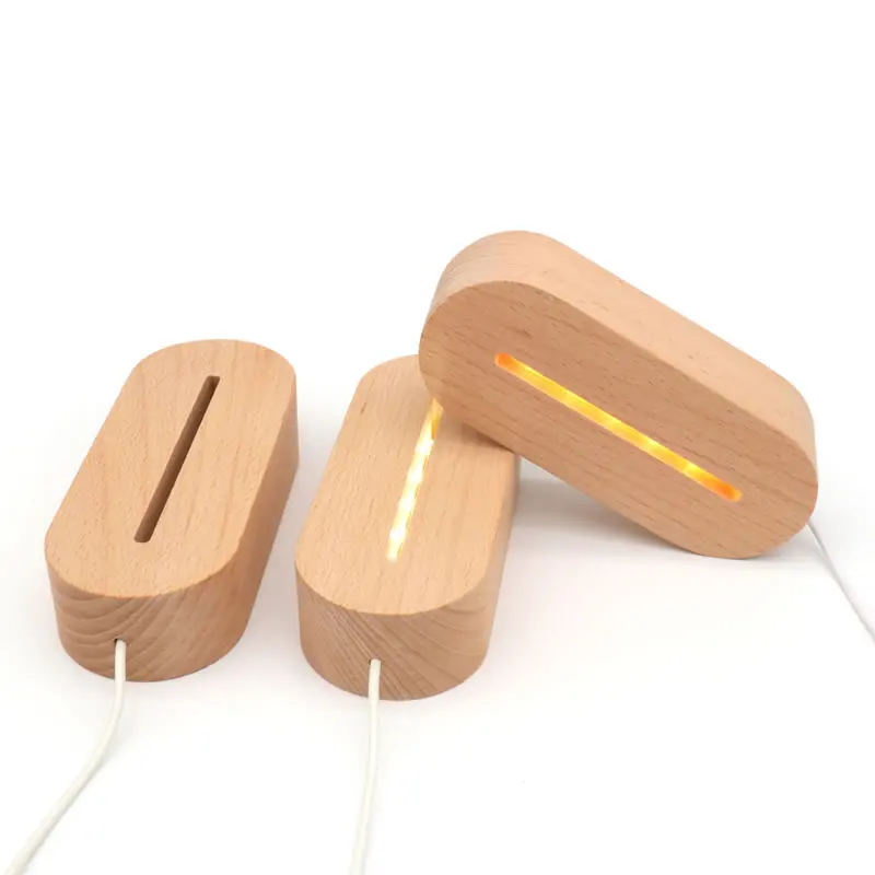 5V USB Powered Wooden Base Lamp Led 3D Night Light Round Oval Wood Base For Acrylic