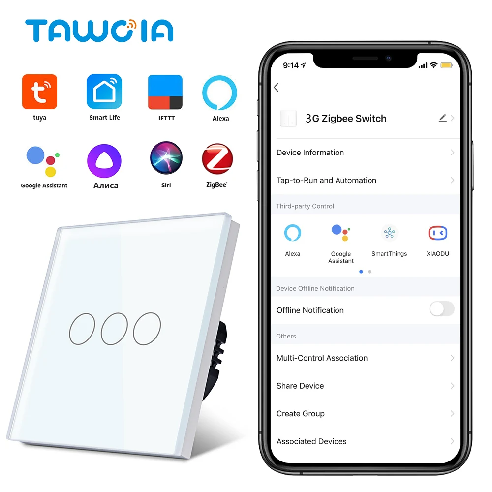 TAWOIA New style 90-250V 3 Gang Zigbee switch for smart home smart switch