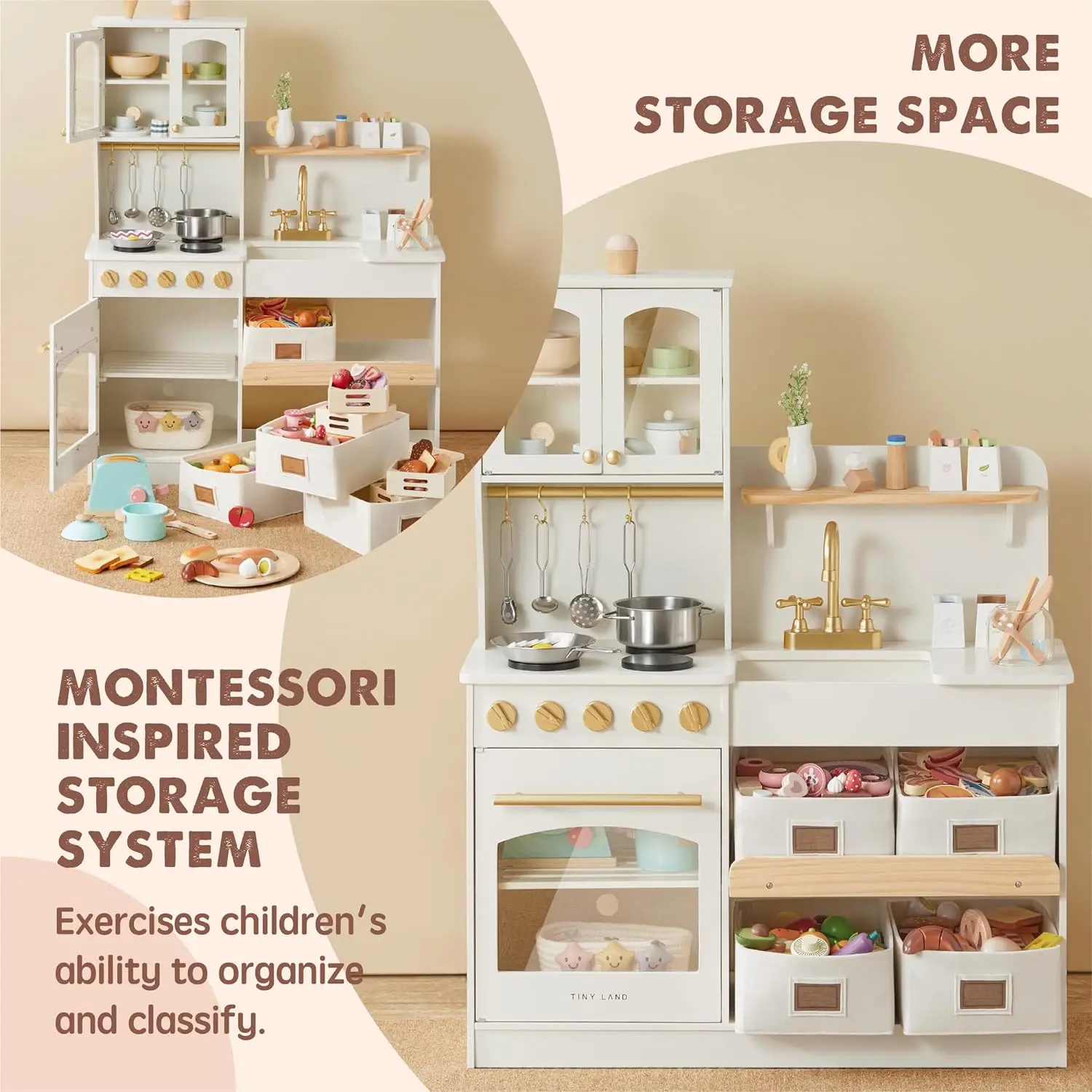 Wooden Play Kitchen with Toy Storage System, Toy Kitchen Set with Plenty of Play Features, Kids Play Kitchen Designed