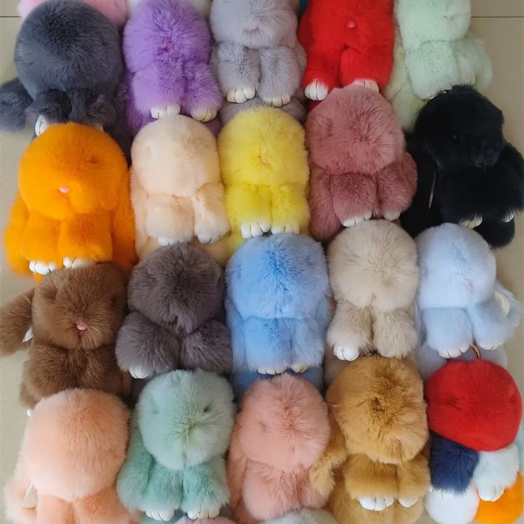 Factory Wholesale High Quality 15cm Fluffy Rabbit Fur Bunny Keyring Rex Rabbit Fur Toy Doll Cute Plush Rabbit Keychain