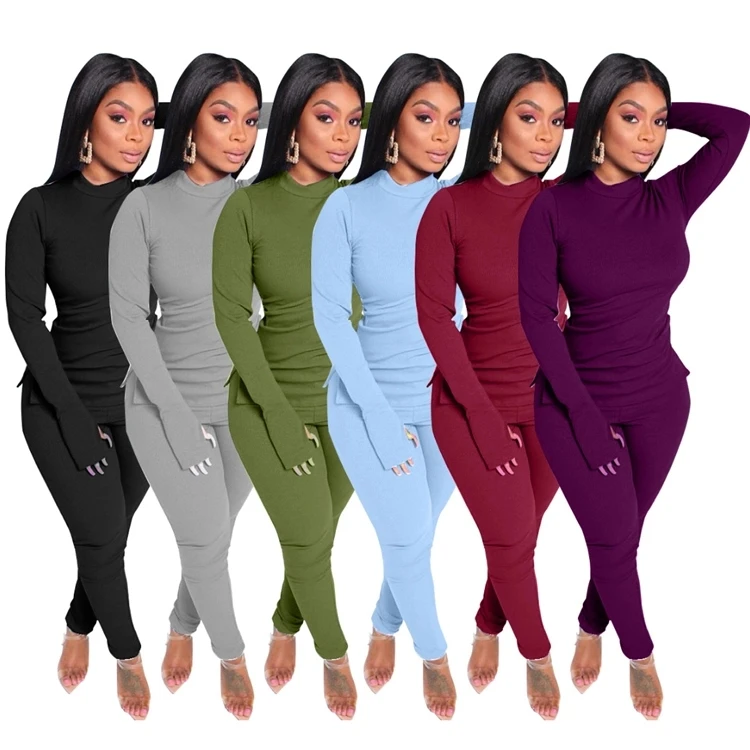 
Hot sale Sexy Skinny Long Sleeve solid color Bodycon Clothing Pant Women Two Piece pants Outfits Set 