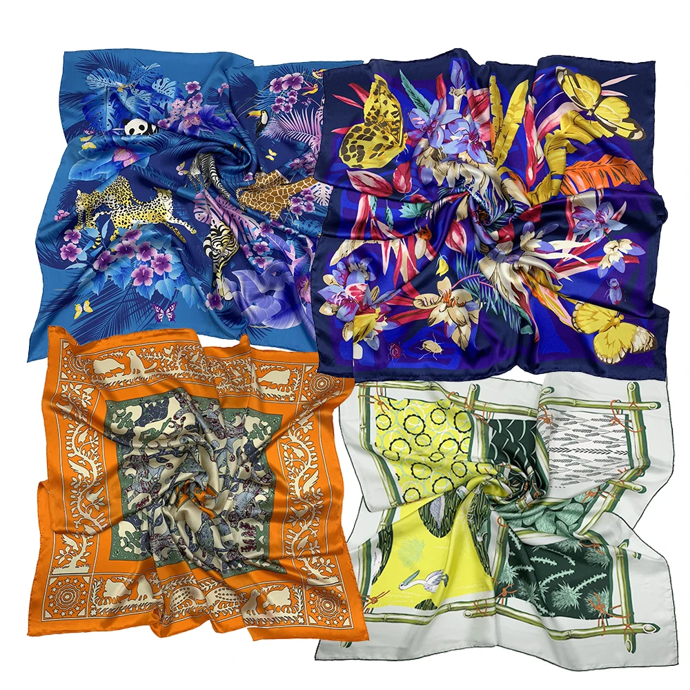 Custom big women digital printing satin pure silk scarf 90*90 cm hair square polyester ethicon soie scarves ladies BB
