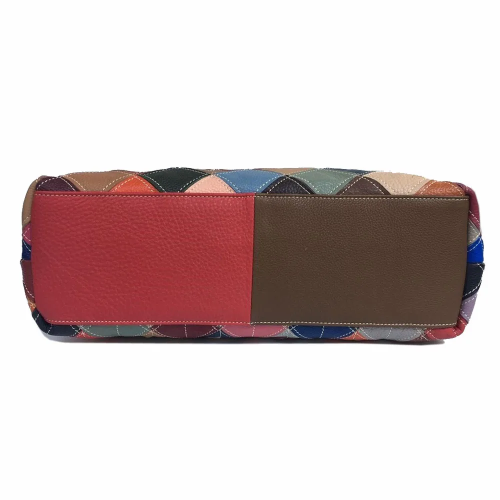 designer woman lady vintage casual street bohemian contrast color diamond check patchwork leather totebag shoulder crossbody bag