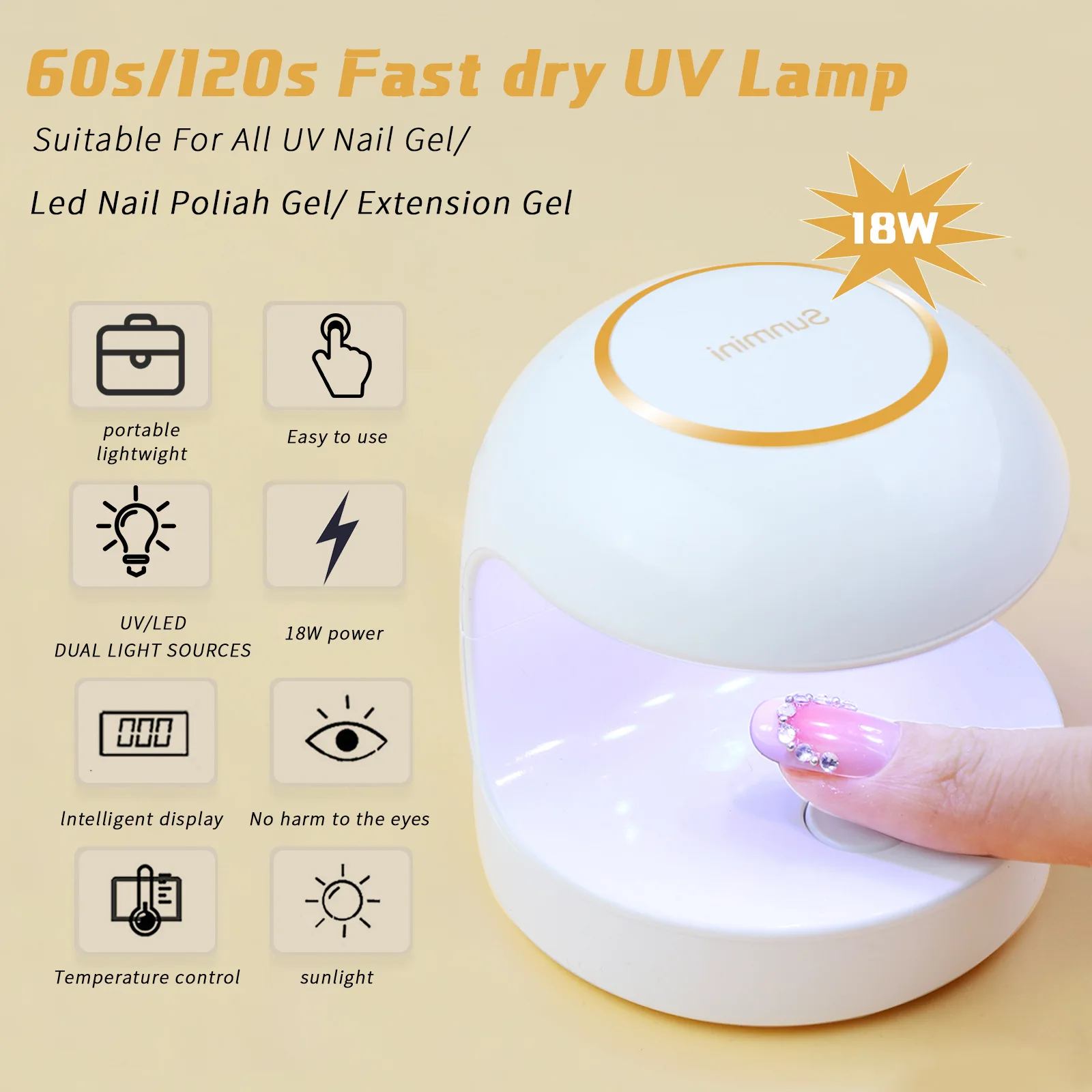 Mini Nail Art Lamp LED Phototherapy Machine 18W Single Finger Nail Baking Lamp Instrument UV Curing Lamp Handheld
