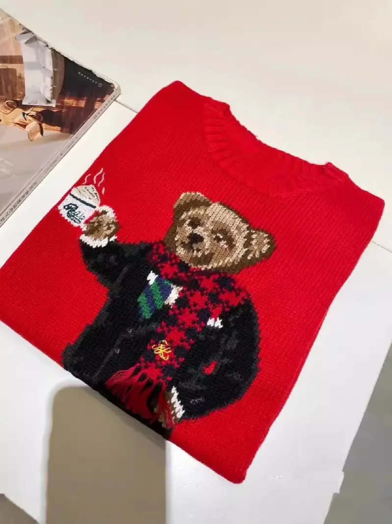 RL Classic Heavy Industry Cartoon Coffee Bear Embroidery Pattern Round Neck Red Knitted Sweater