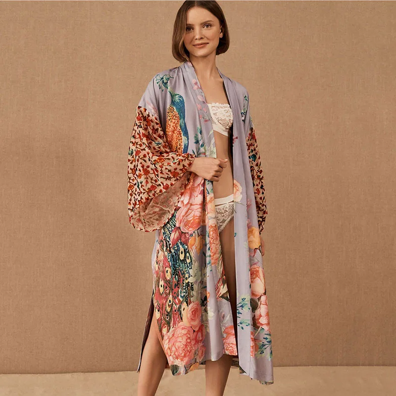 Custom beach dress cover ups for women Peacock pattern print robe de plage summer Sexy loose cardigan kimono bikinis swimwear