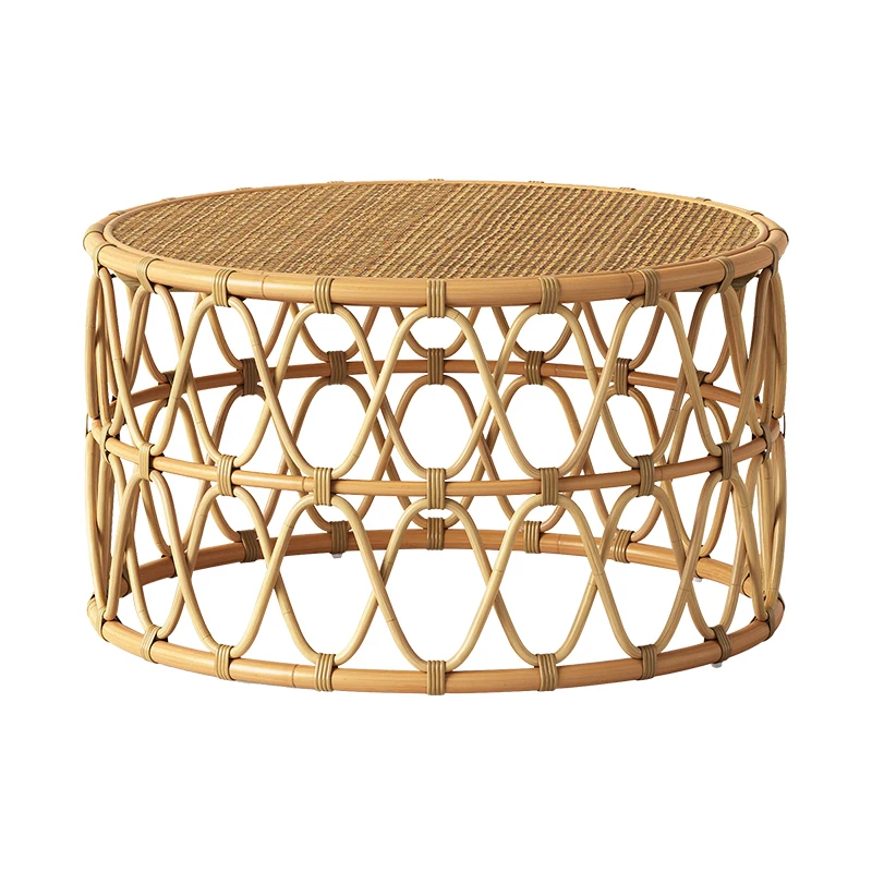 Modern nordic design side table round natural rattan wooden coffee table for living room decor