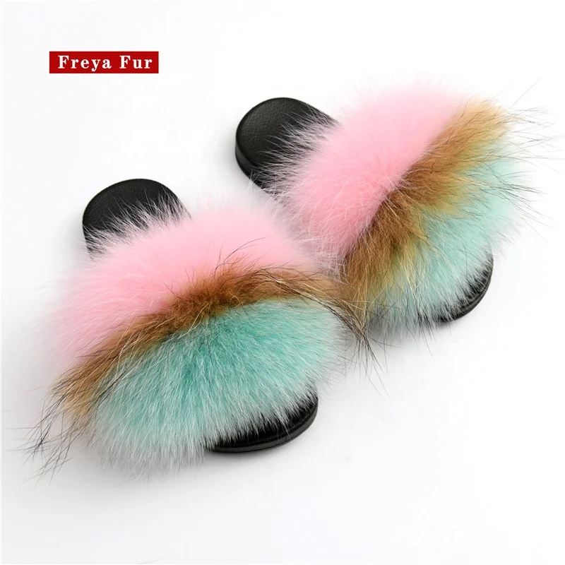 
Colorful Fashionable Fur Slides Big Fluffy Real Raccoon Fur Slippers For Women 