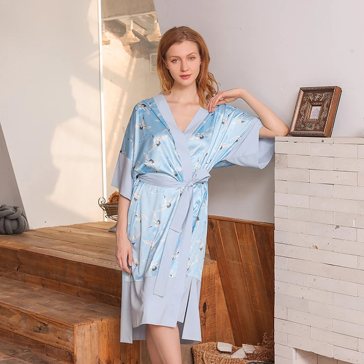 Animal Printed Sky Blue Thin Satin Silk Bathroom Robes High Quality Women Robe
