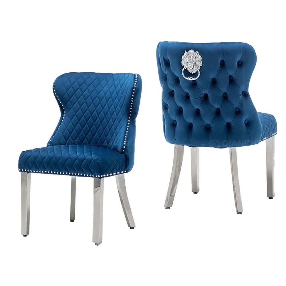 Dinning Room Chairs Silver Chrome Legs pink Velvet Upholstered Seats lion Head Knocker Ring Back Dining Chair Stainless Steel
