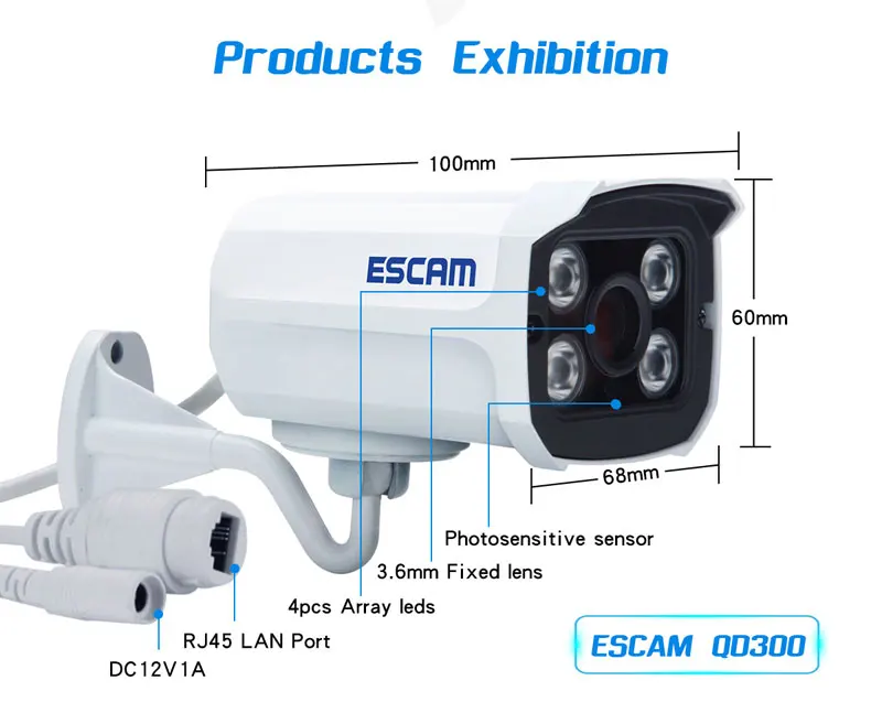
ESCAM QD300 Outdoor Bullet Camera IP66 Surveilance Security CCTV IR P2P Onvif 2mp IP Camera POE 