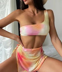 Wholesale Europe America Women Tie-dye Printed Ribbed Velvet One Shoulder Cover Up 3 Pieces Swimwear Set Sexy Bikini Bathe Suits
