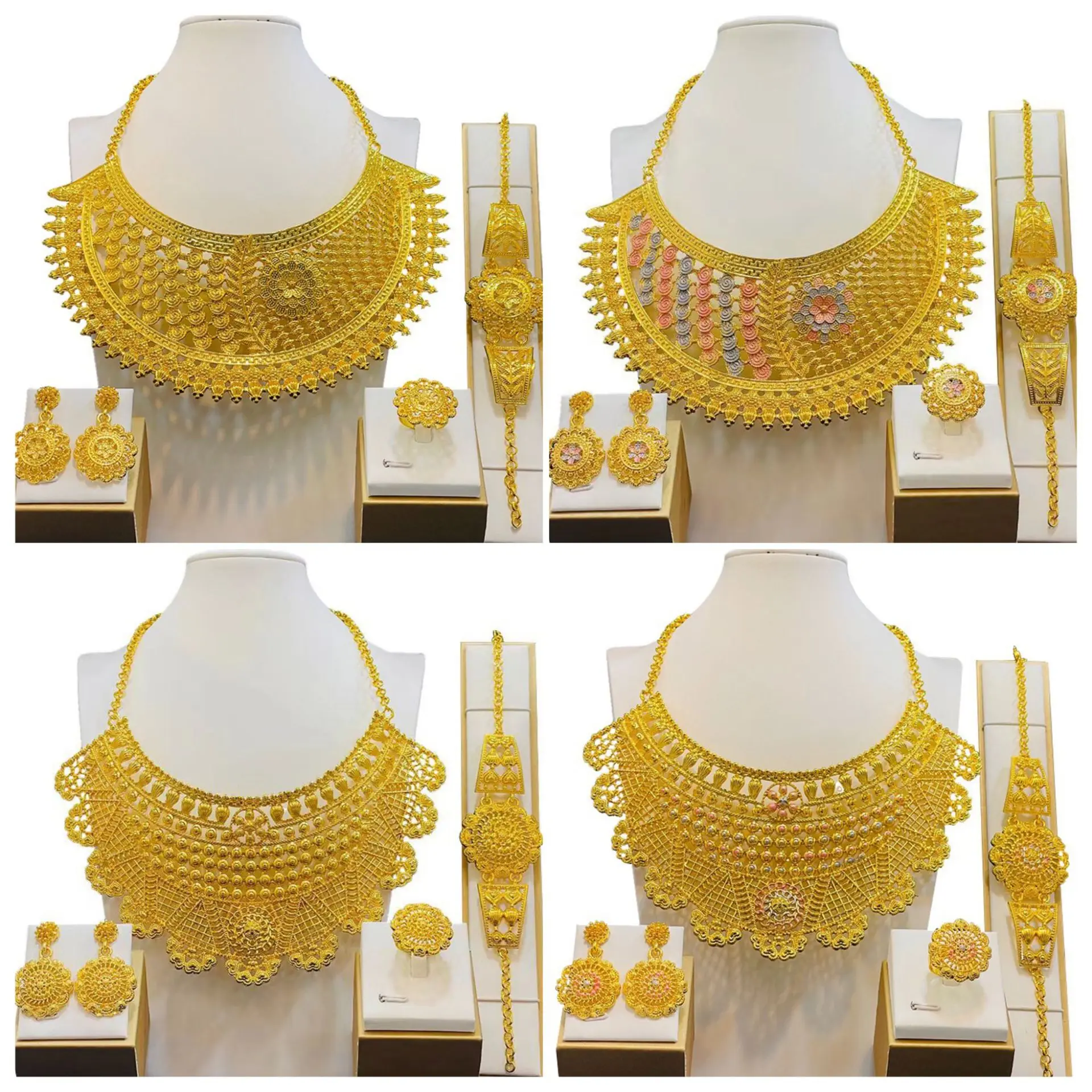 Indian Big Plated Gold Jewelry Women Necklace Sets Dubai African Party Bridal Wedding Gifts Arabic Necklace Jewelry Sets